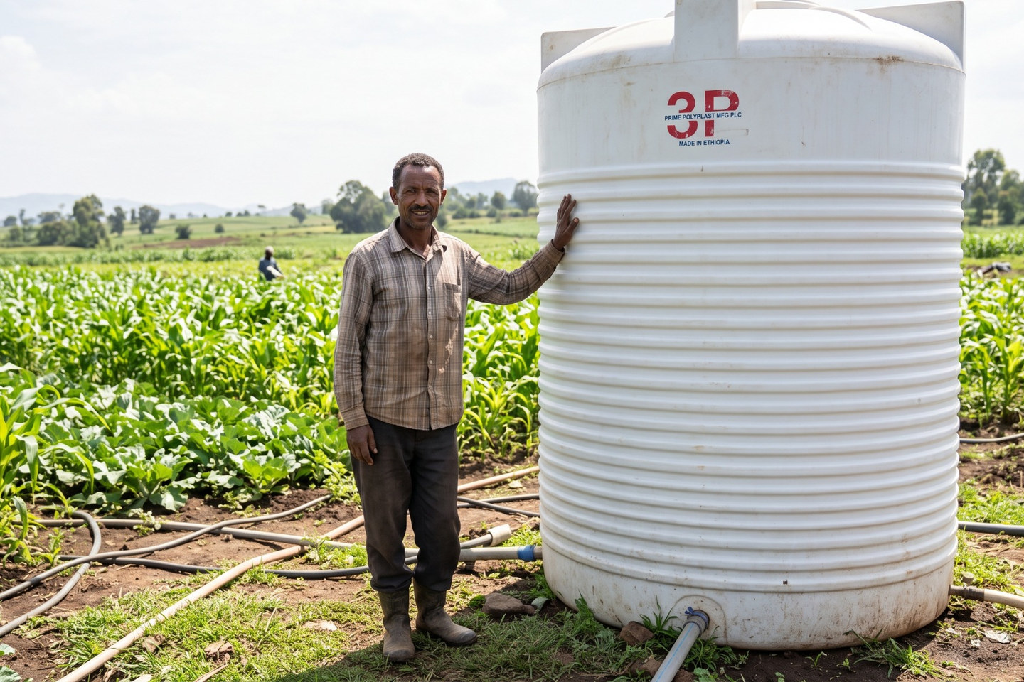 A water storage tank beside green crop rows on a farm