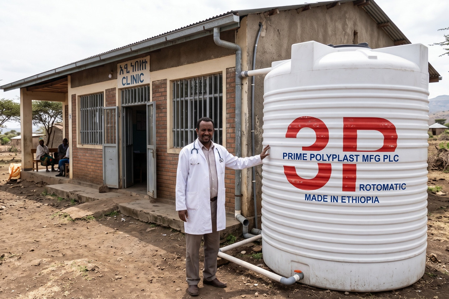 A large water storage tank beside a small community clinic building