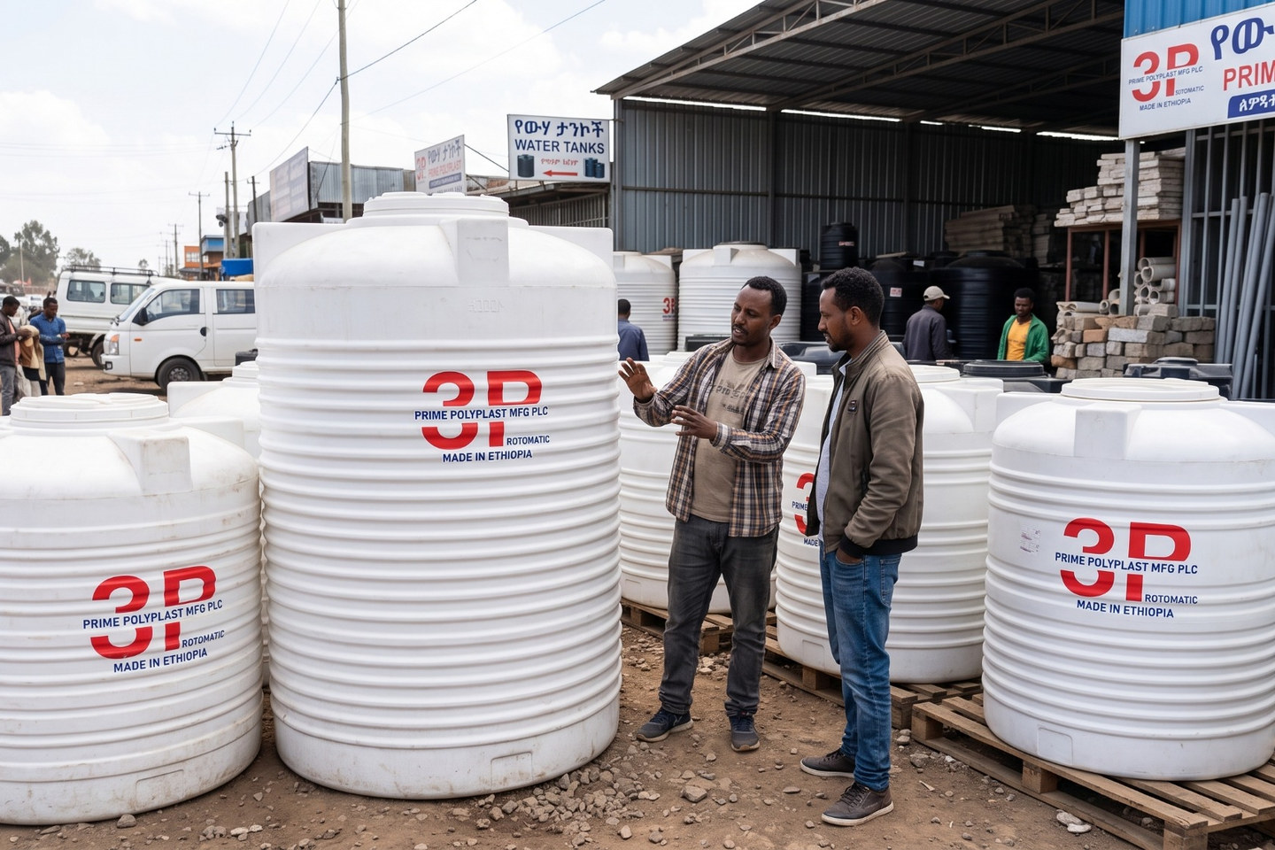 A selection of white water tanks displayed in a supplier yard with visitors comparing options